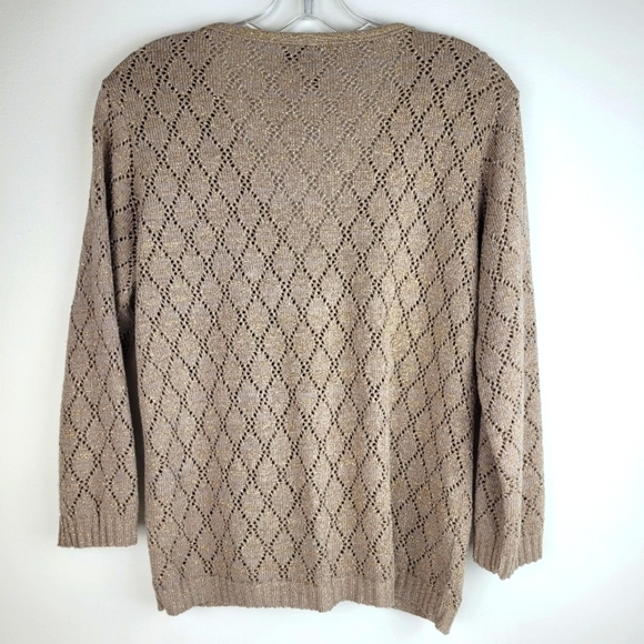 Jason Maxwell tan loose weave v-neck cardigan tie front metallic boho grandma M - Picture 3 of 11